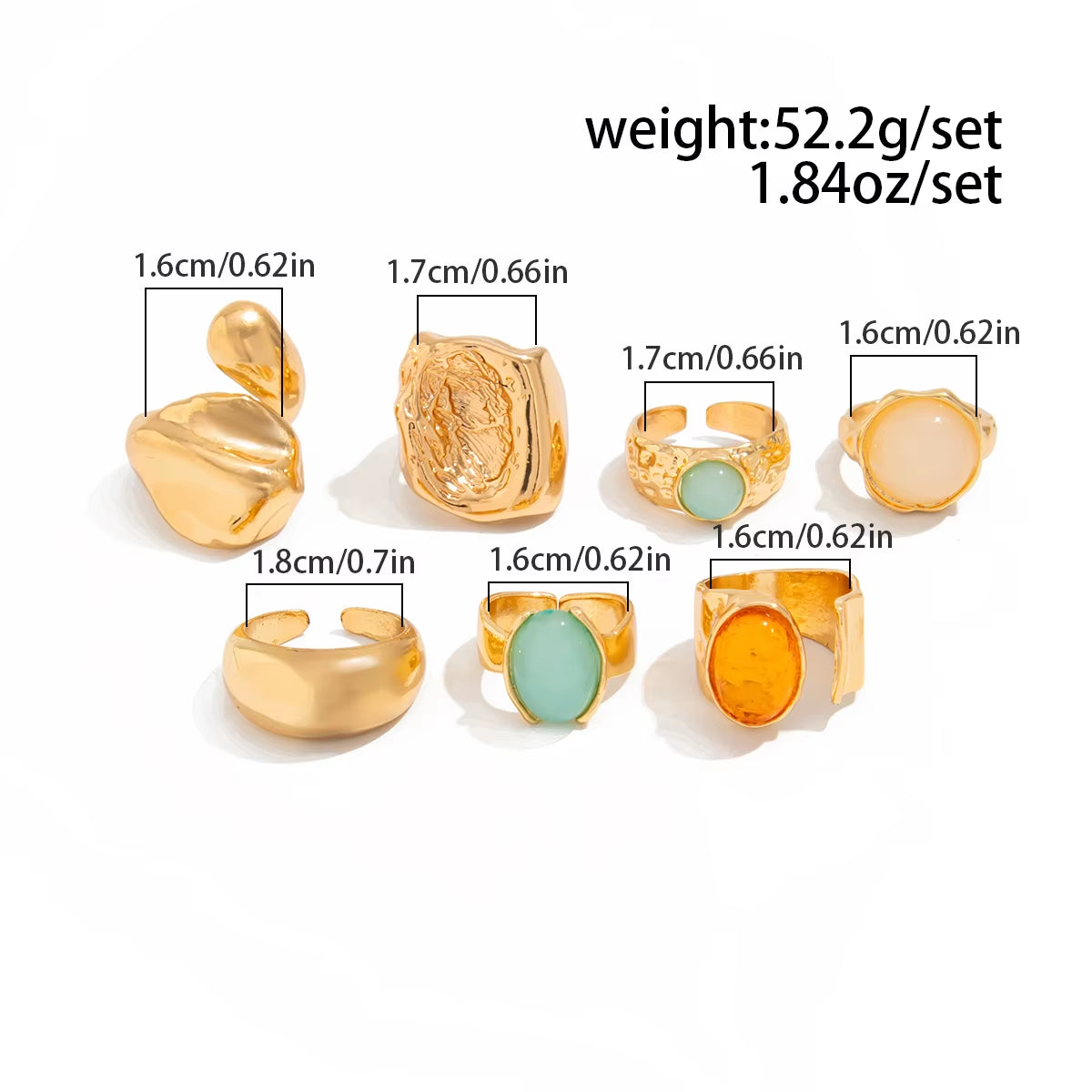 7Pcs/Set Luxury Gold Color Crystal Open Rings for Women Wedding Bridal Vintage Geometric Rings Trendy Finger Jewelry