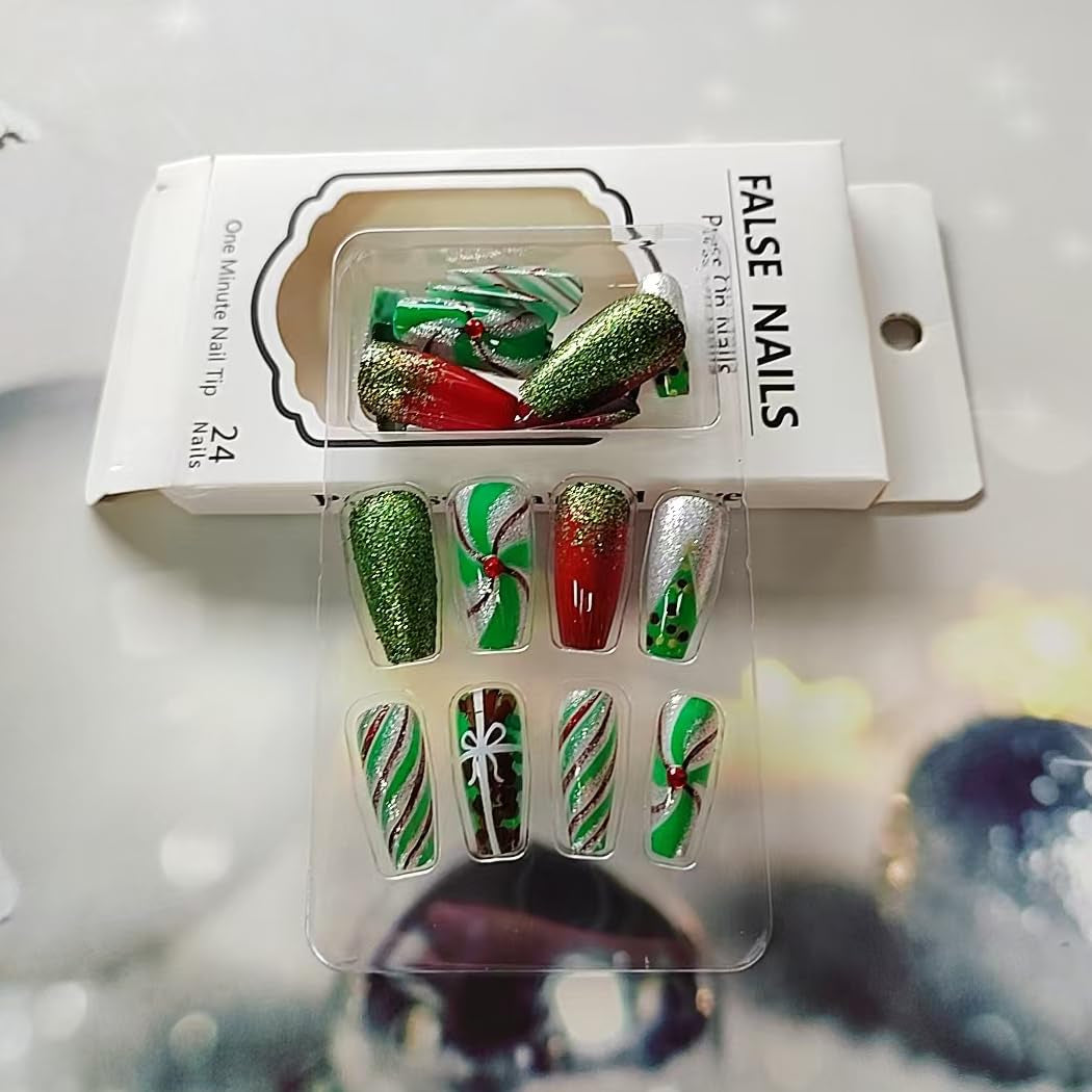 24Pcs Christmas Press on Nails Medium Square -  Colorful Fake Nails Coffin False Nails Press Ons Nail Art Tips with Glitter Bow Stripes Design Green Acrylic Nail Kit for Women Christmas Decor