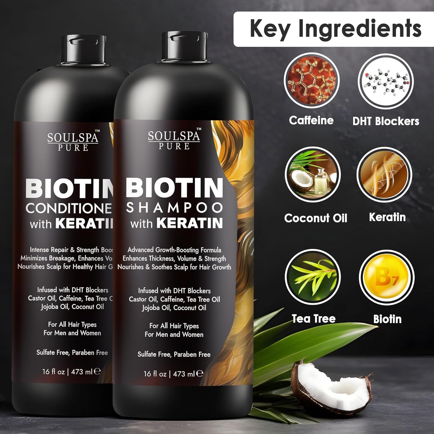 Biotin Shampoo and Conditioner Set with Keratin - Sulfate-Free Advanced Anti-Thinning, Hair Growth Shampoo and Conditioner Combo Repair Formula - with DHT Blockers, for Men & Women - 16 Fl Oz Each