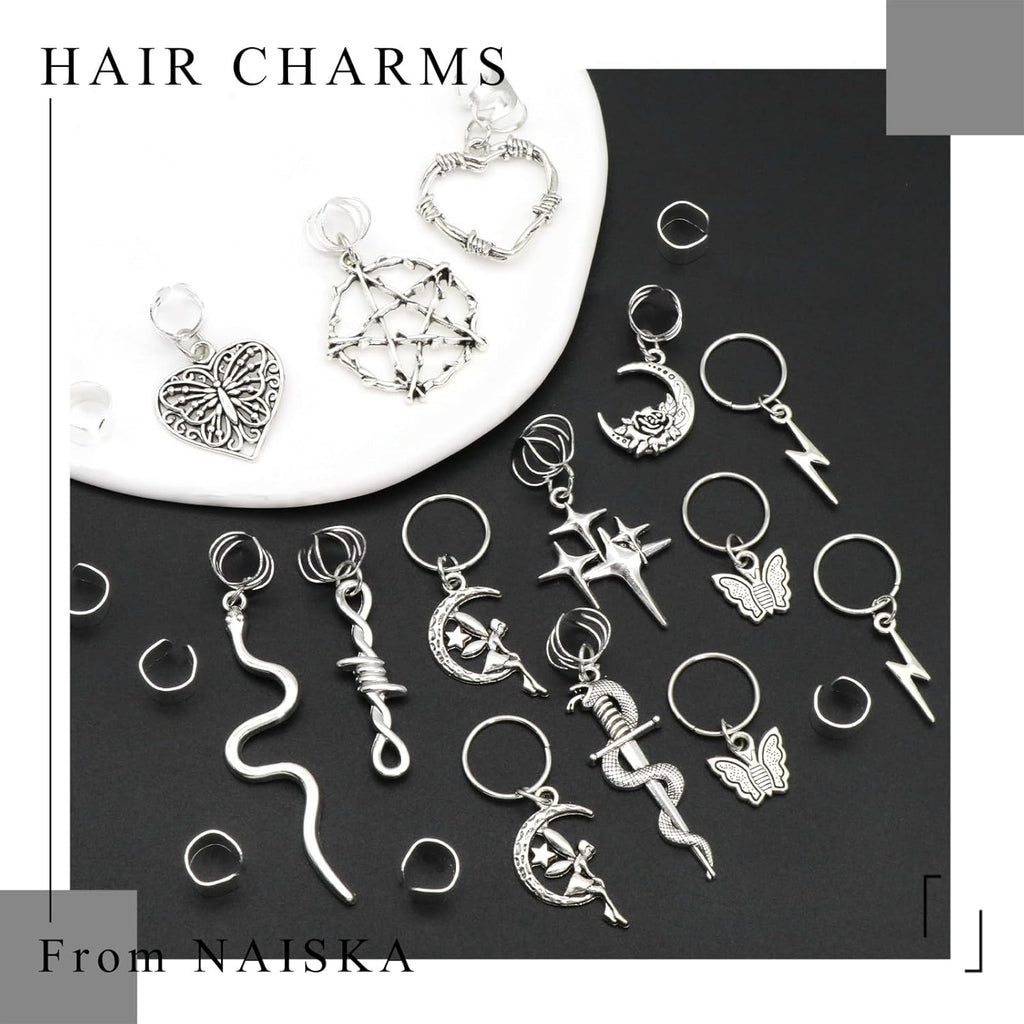 21PCS Silver Loc Jewelry - Butterfly Hair Clips, Dreadlock Accessories, Heart Shape Design Charms, Adjustable Cuffs, Rings, Multi Style Decoration for Halloween