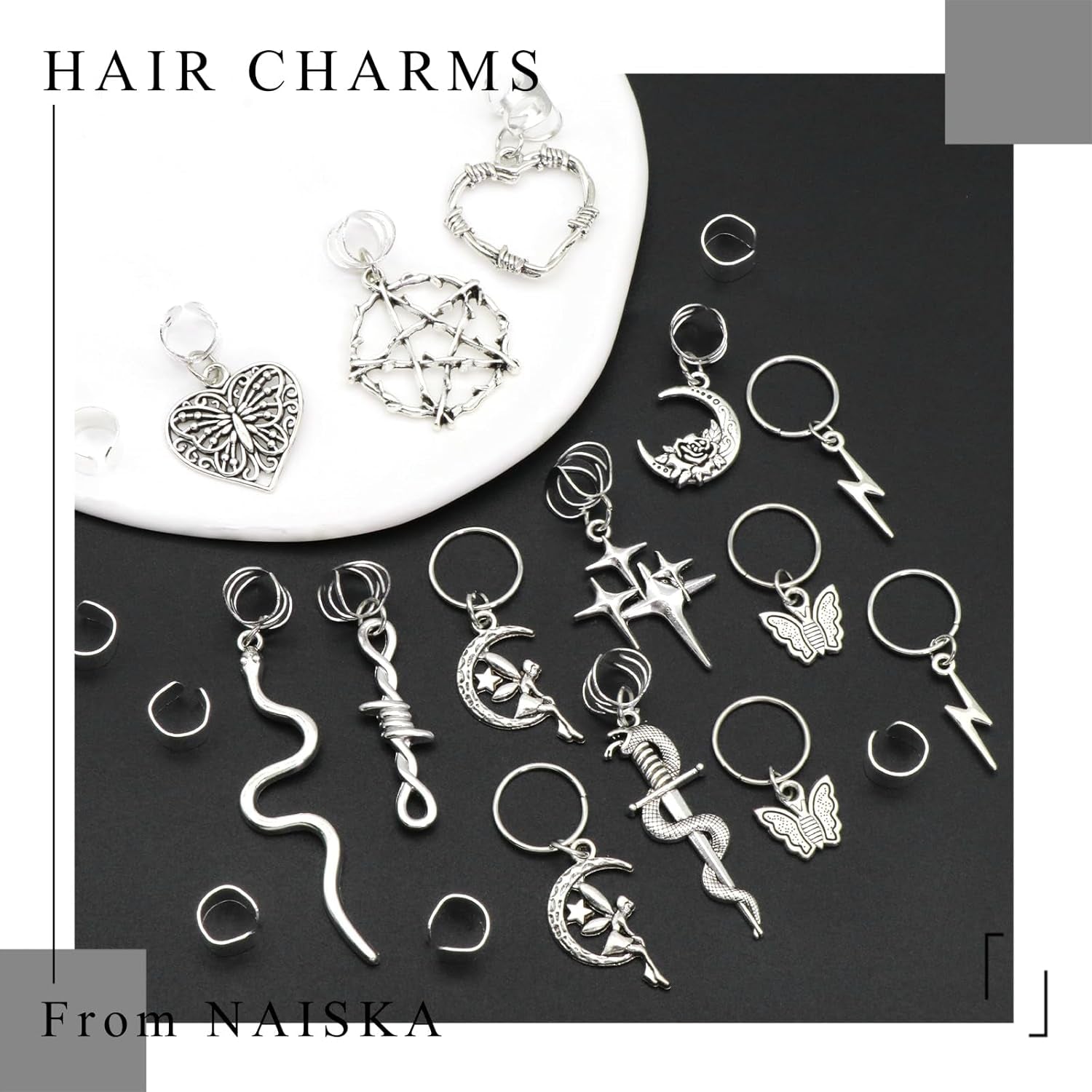 21PCS Silver Loc Jewelry - Butterfly Hair Clips, Dreadlock Accessories, Heart Shape Design Charms, Adjustable Cuffs, Rings, Multi Style Decoration for Halloween