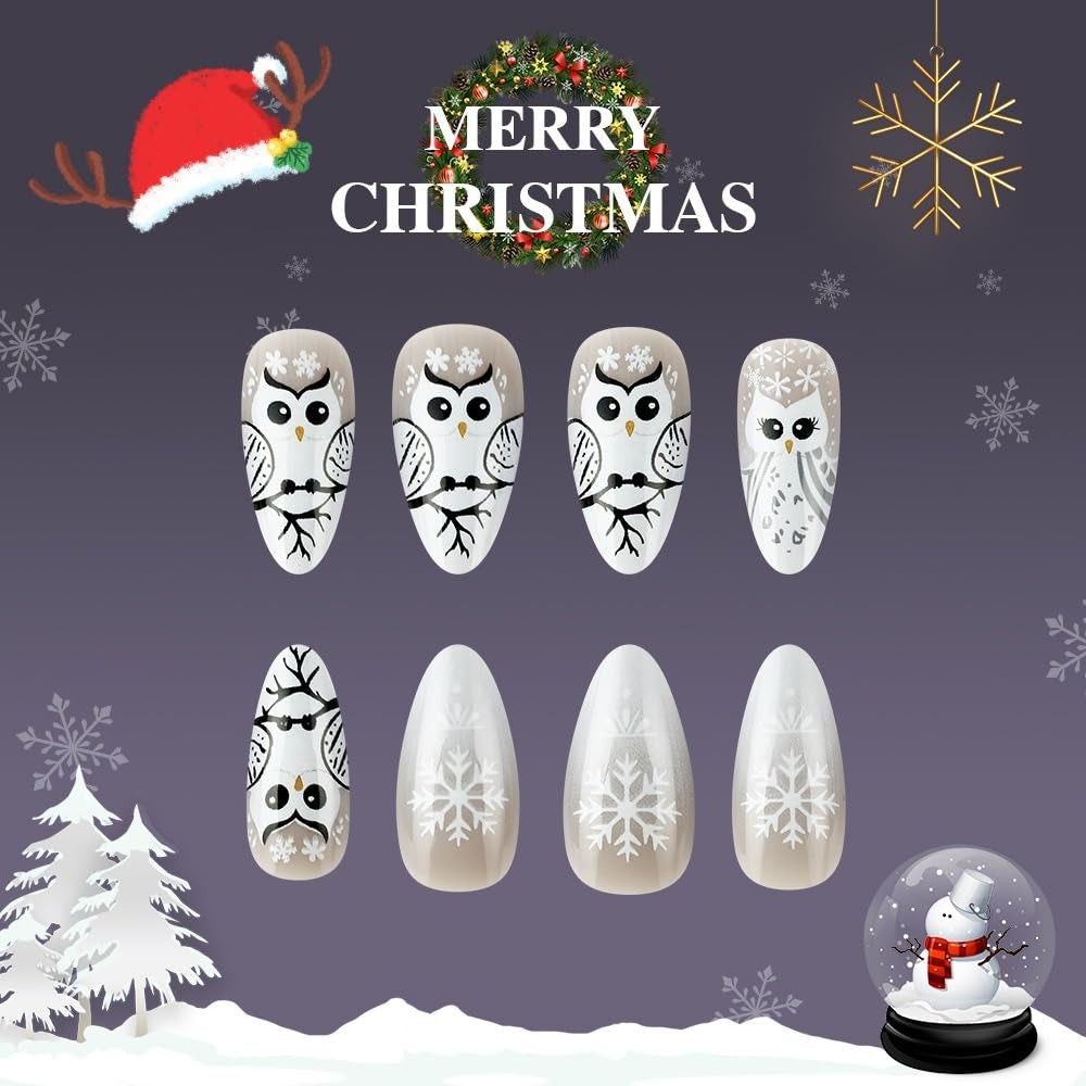 Almond Press on Nails Christmas Fake Nails French Owl Designs Gloss False Nails Full Cover Stick on Nails Acrylic Winter Artificial Nails for Women Glue on Nails（24Pcs ）