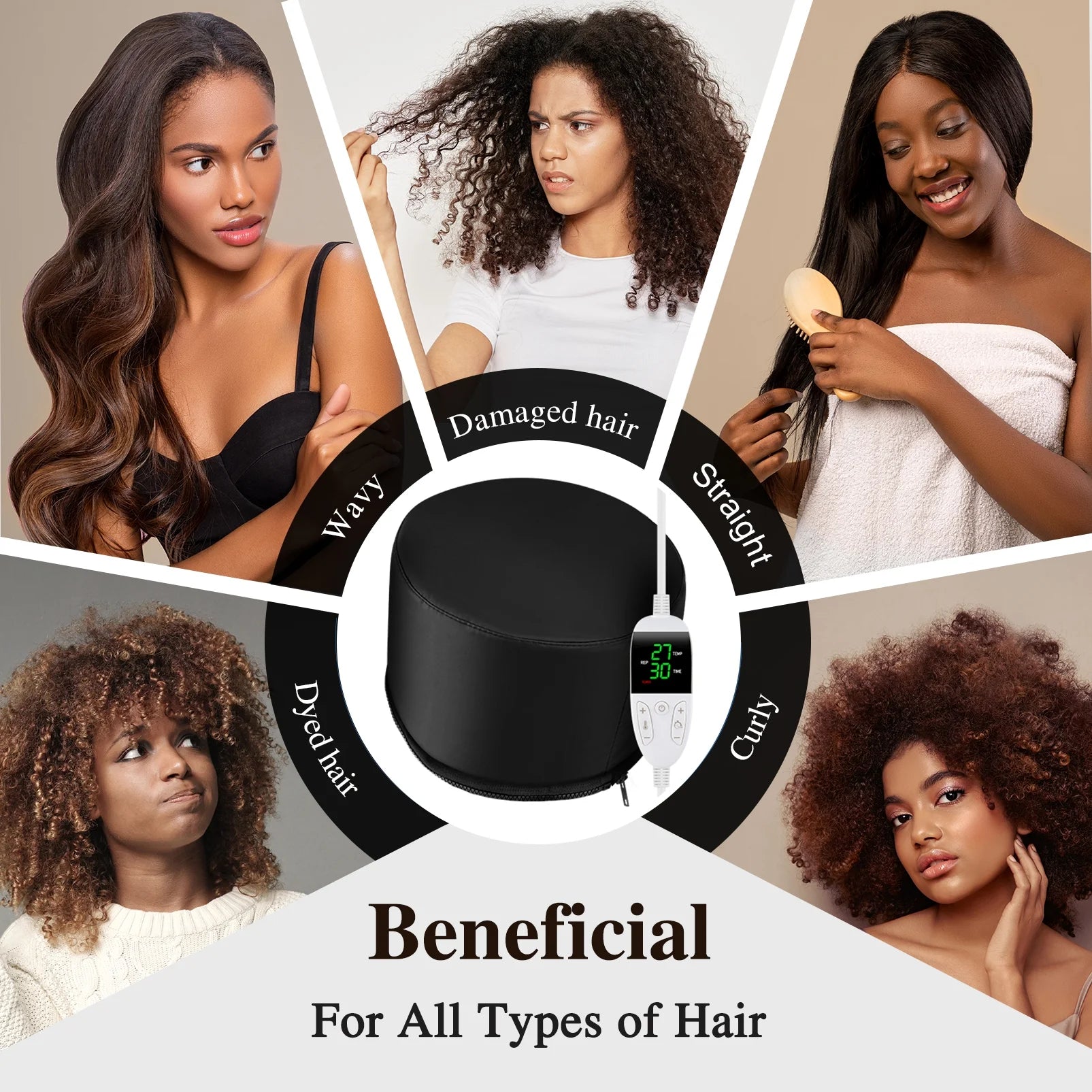 Hooded Hair Dryer Heat Cap Hair Care Deep Conditioning Thermal Steamer Cap for Home, with Temperature Control and Timer - Black