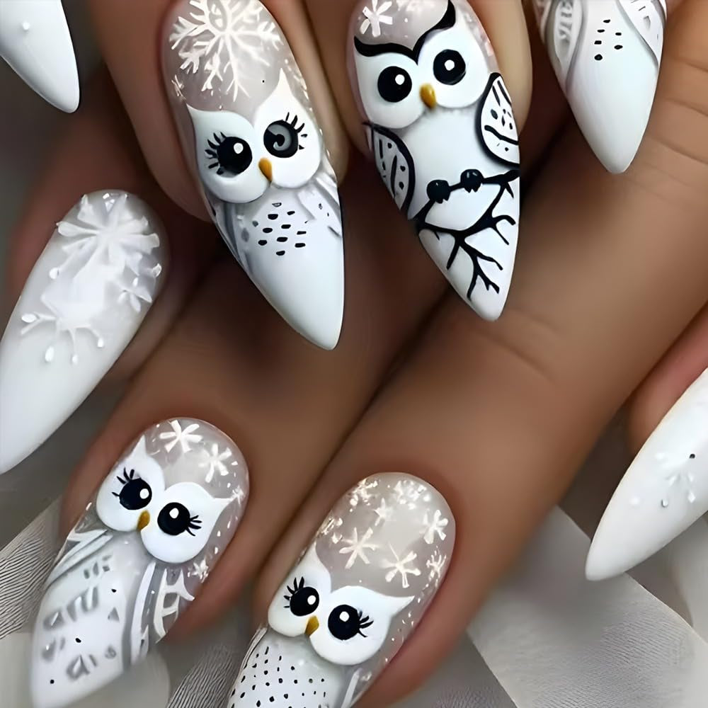 Almond Press on Nails Christmas Fake Nails French Owl Designs Gloss False Nails Full Cover Stick on Nails Acrylic Winter Artificial Nails for Women Glue on Nails（24Pcs ）