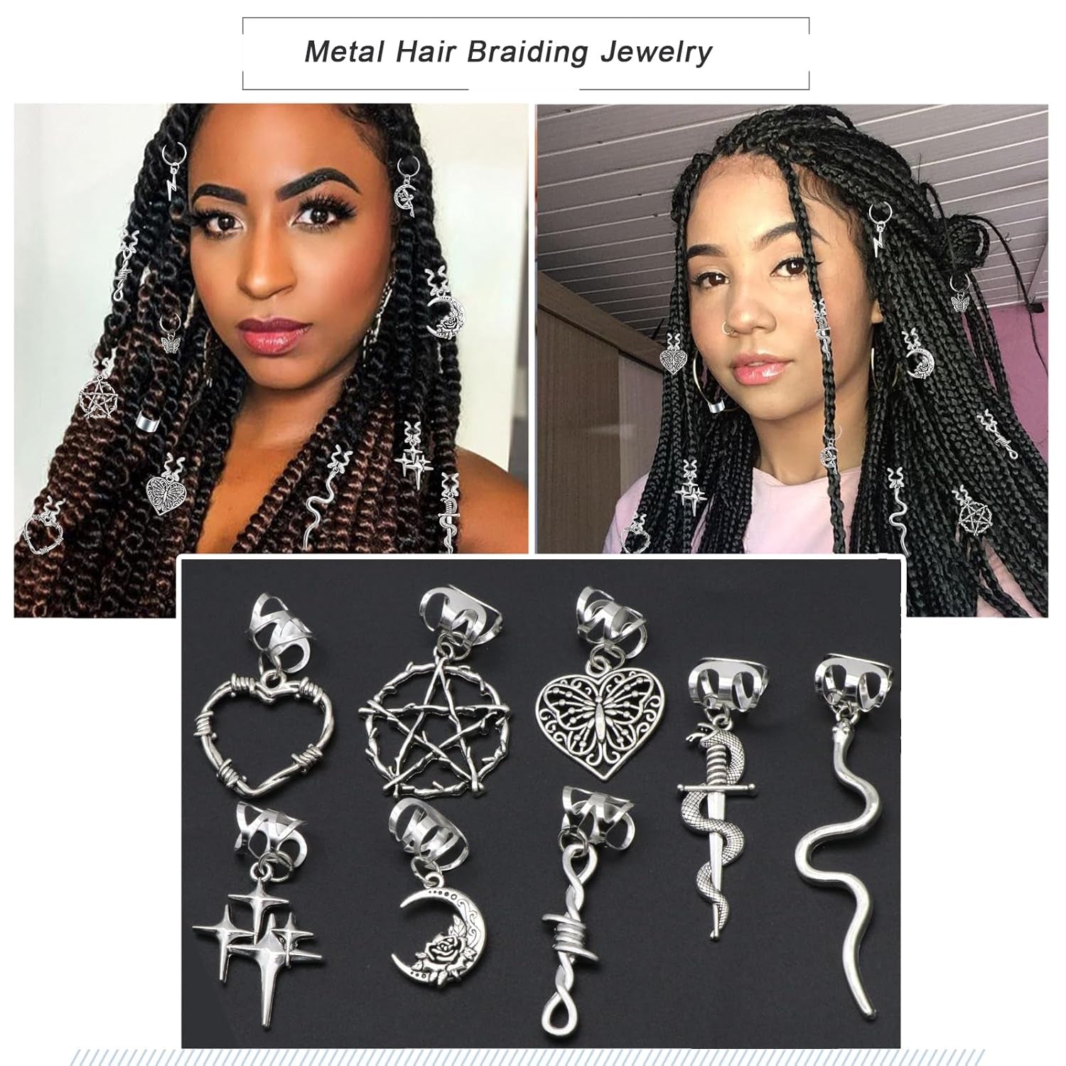 21PCS Silver Loc Jewelry - Butterfly Hair Clips, Dreadlock Accessories, Heart Shape Design Charms, Adjustable Cuffs, Rings, Multi Style Decoration for Halloween