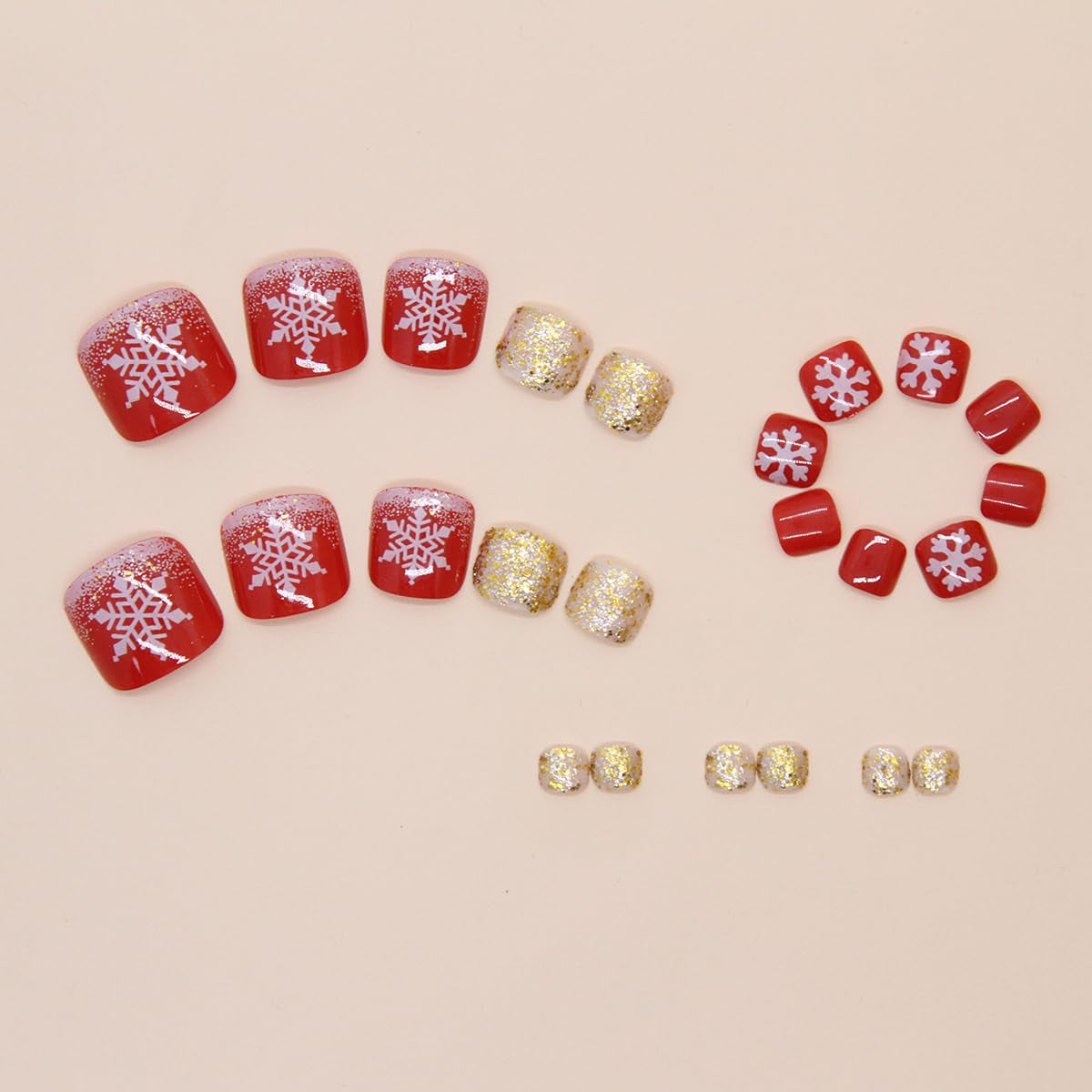 24Pcs Christmas Press on Toenails Short Square Shape Nails New Year Snowflake Fake Toe Nails with Gold Glitter Designs Red Xmas Acrylic Nails Full Cover Glue on Nails Winter False Toenails for Women
