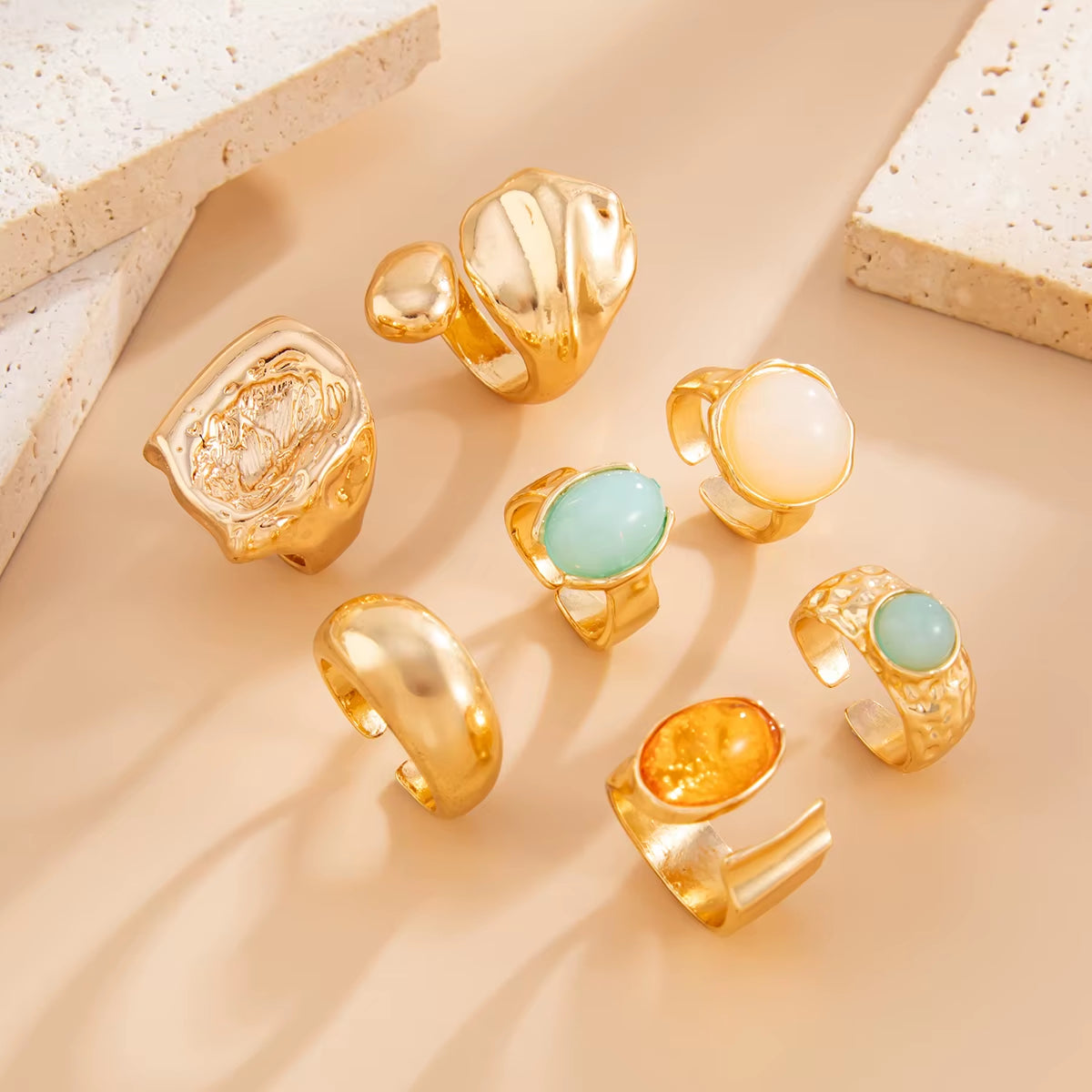 7Pcs/Set Luxury Gold Color Crystal Open Rings for Women Wedding Bridal Vintage Geometric Rings Trendy Finger Jewelry