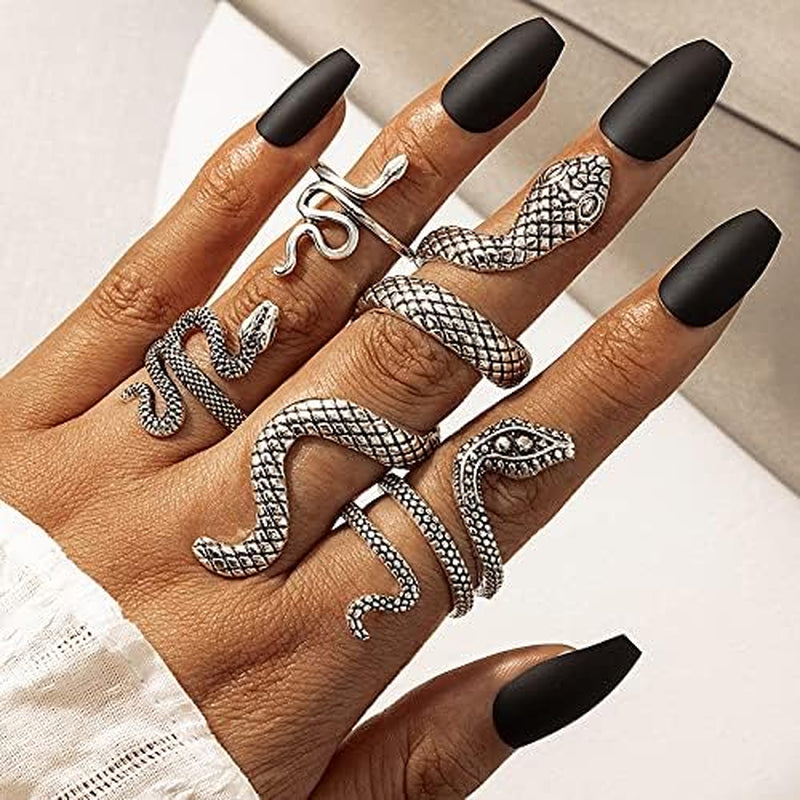 Adjustable Vintage Silver Snake Ring - Punk Goth Ring Set, Copper Metal, Unique Design for Women, Ideal Gift for Special Occasions