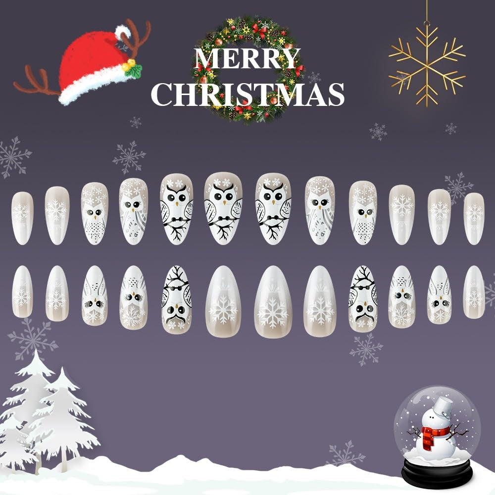 Almond Press on Nails Christmas Fake Nails French Owl Designs Gloss False Nails Full Cover Stick on Nails Acrylic Winter Artificial Nails for Women Glue on Nails（24Pcs ）