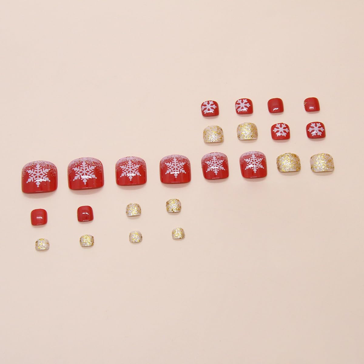 24Pcs Christmas Press on Toenails Short Square Shape Nails New Year Snowflake Fake Toe Nails with Gold Glitter Designs Red Xmas Acrylic Nails Full Cover Glue on Nails Winter False Toenails for Women