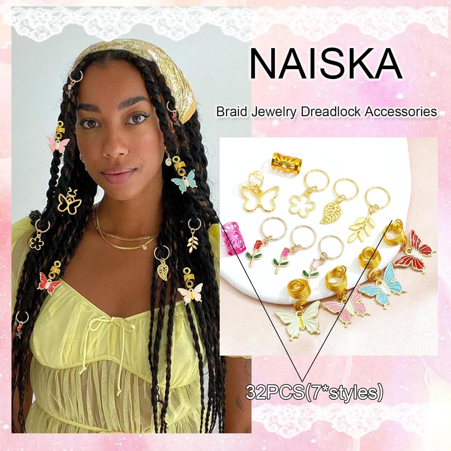 32Pcs Gold Butterfly Hair Braid Accessories - Colorful Charms, Rings, Beads, Clips, Cuffs for Hair Decoration and Jewelry for Women and Girls