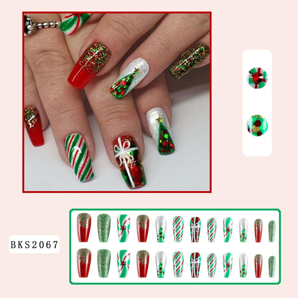 24Pcs Christmas Press on Nails Medium Square -  Colorful Fake Nails Coffin False Nails Press Ons Nail Art Tips with Glitter Bow Stripes Design Green Acrylic Nail Kit for Women Christmas Decor