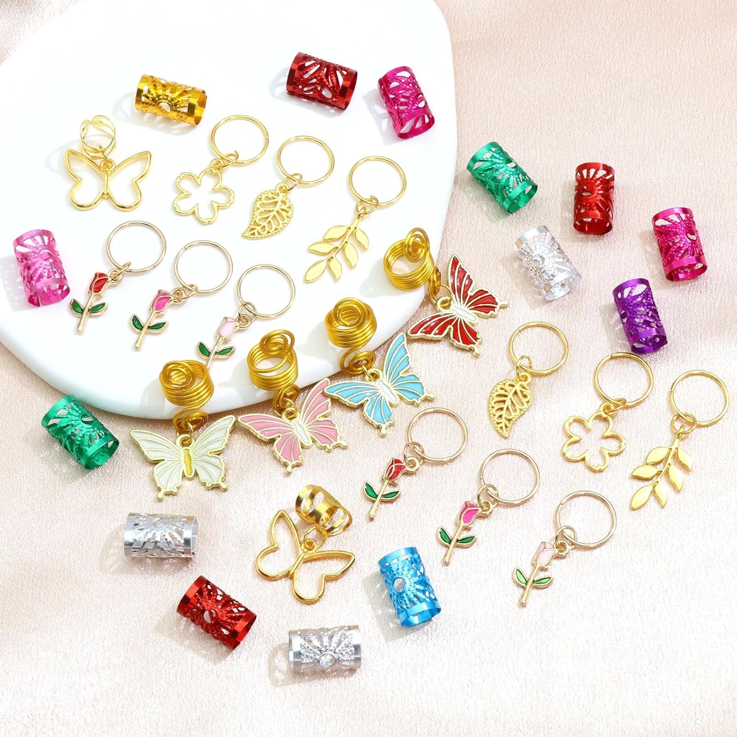 32Pcs Gold Butterfly Hair Braid Accessories - Colorful Charms, Rings, Beads, Clips, Cuffs for Hair Decoration and Jewelry for Women and Girls