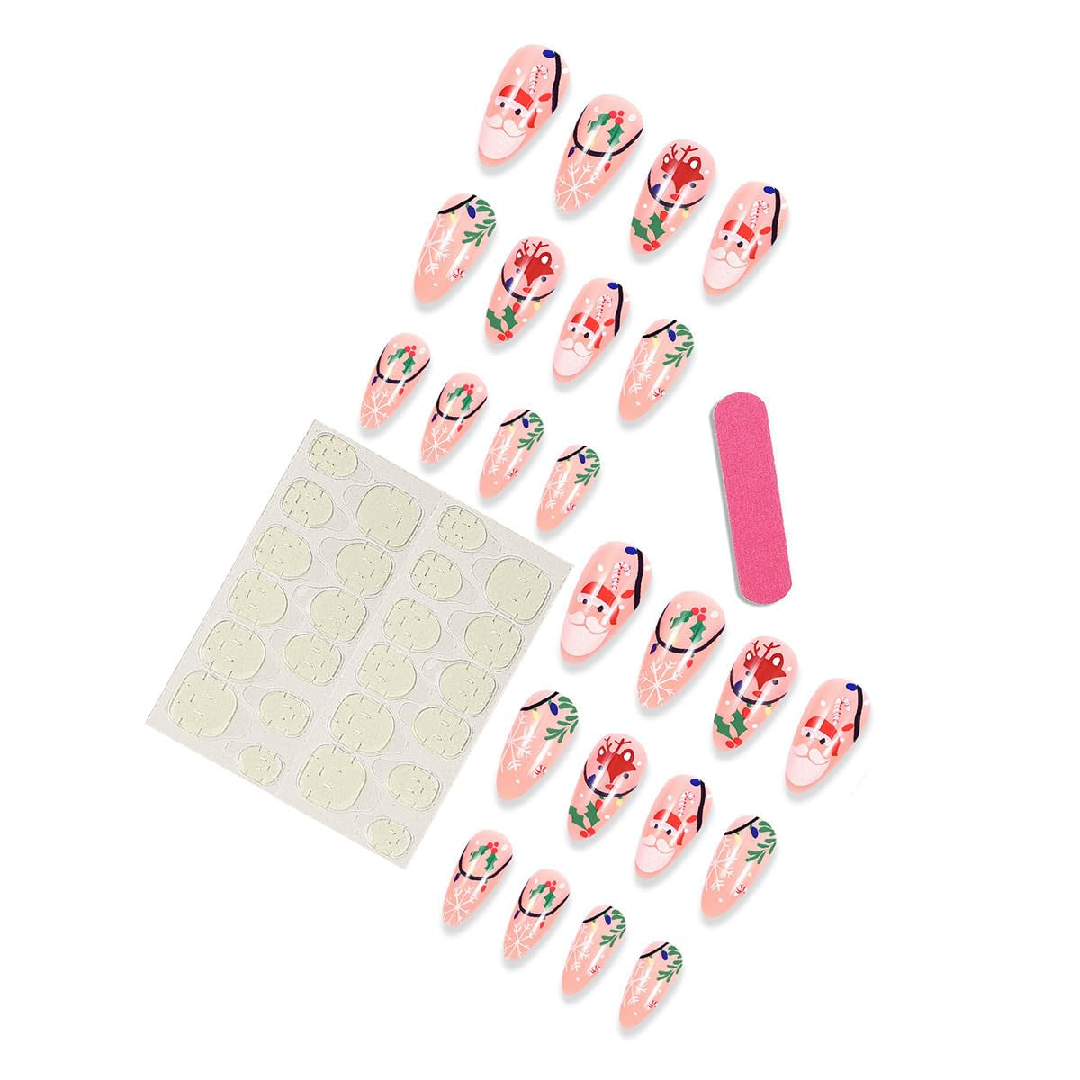 Christmas Press on Nails Long Almond Fake Nails Cute Xmas Nails Press Ons with Santa Candy Elk Snowflake Winterberry Design Full Cover Stick on Nails for Women Manicure,Glossy | Reusable | 24Pcs