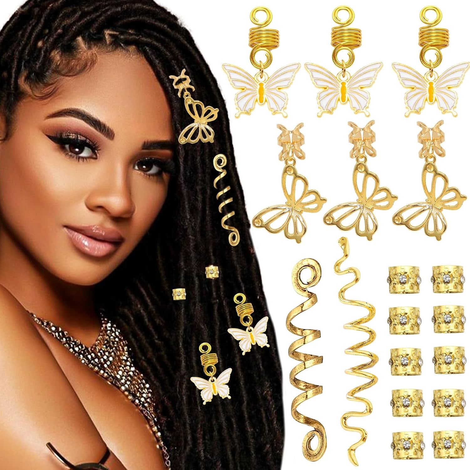18PCS Snake Hair Jewelry Gold Butterfly Braids Clips Hair Cuffs Rings Metal Spiral Loc Jewelry Multi Style Braid Accessories for Women and Girls
