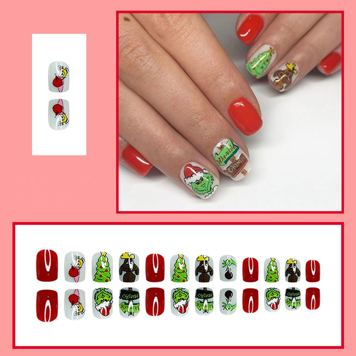 24Pcs Christmas Press on Nails Short Square Cute Petite False Nails with Green Monster Xmas Tree Girls Designs Full Cover Christmas Fake Nails Winter Acrylic Glue on Nails for Women Holiday Nail Decor